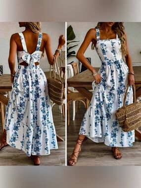 * New Boho Floral Cut Out Tie Back Maxi Dress White Blue